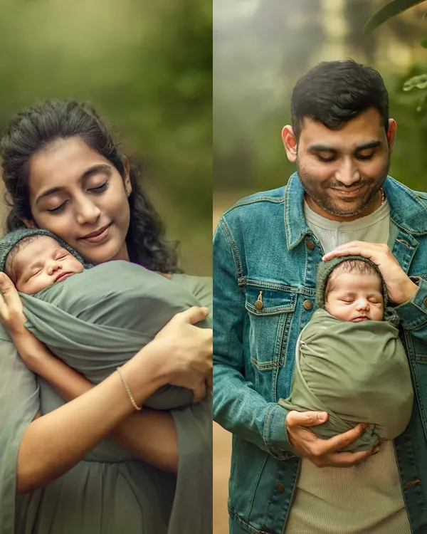 A collage showing a new mother and father each holding their swaddled newborn with immense tenderness. These outdoor portraits capture the serene, loving bond between new parents and their baby.
