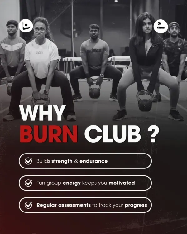 Experience the power of group motivation in our Burn Club. This image captures a moment from our kettlebell session, where participants work together to build strength and endurance. Our program is designed to be fun and challenging, with regular assessments to help you track your progress.
