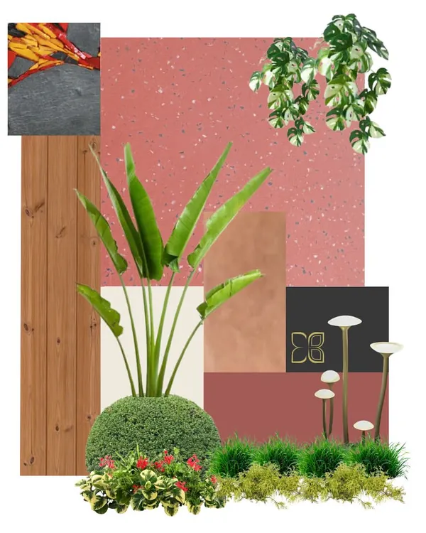 Every project begins with a vision. This mood board shows our creative process, where we combine textures, materials, colors, and plant types to define the aesthetic for a new outdoor living space before we even break ground.