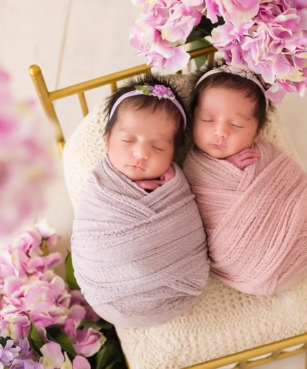 Two peas in a pod. These newborn twin girls are nestled together on a tiny golden bed, surrounded by beautiful lilac and pink flowers. A perfect example of a styled twin newborn photoshoot.