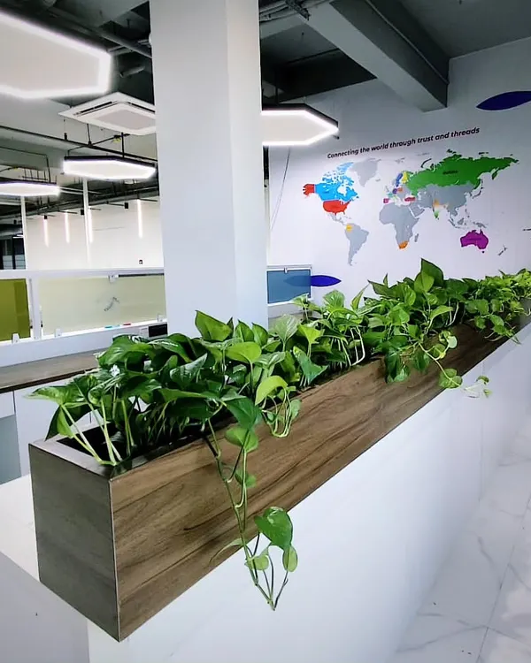 This sleek, wood-finish planter filled with trailing Pothos adds a natural element that softens the clean lines of this modern office. It's a simple yet effective way to introduce greenery into the workspace.