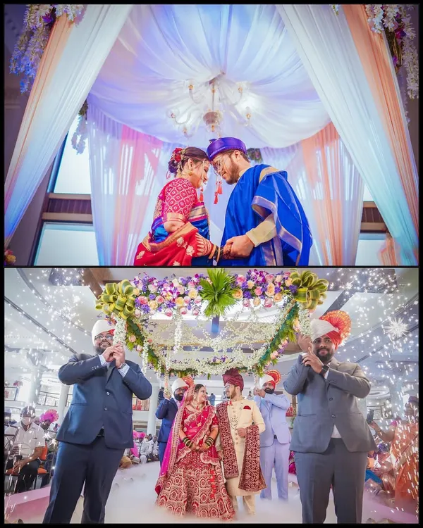 A tale of two beautiful weddings. The top frame shows a tender moment from a Maharashtrian ceremony, while the bottom frame captures the grand, celebratory entrance of a Punjabi couple. I am experienced in capturing the unique essence of diverse wedding cultures.