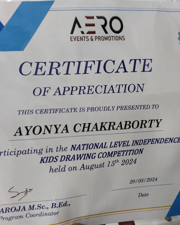 A certificate of appreciation awarded to our student for winning a gold medal in a National Level Drawing Competition. We actively encourage and prepare students for such events.