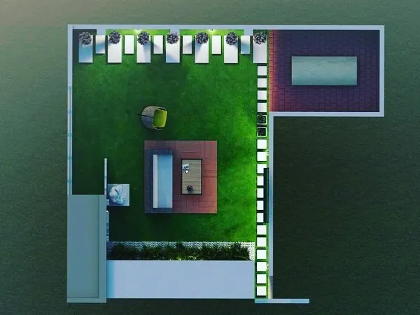 This is an overhead 3D design we presented to a client. It helps to map out the entire space, showing the placement of seating areas, planters, pathways, and lighting to ensure the layout is perfect.