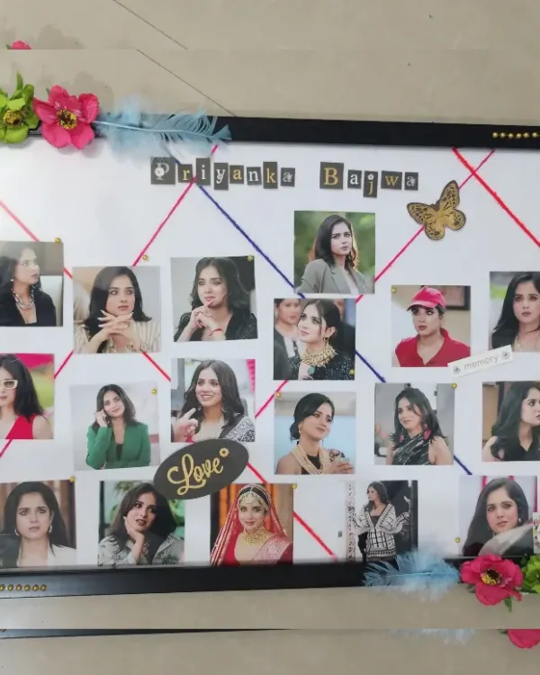 This handmade collage frame was created for actress Pratiksha Honmukhe, featuring a collection of her photos connected by thread art. The frame is decorated with colorful flowers and feathers to match the vibrant theme.