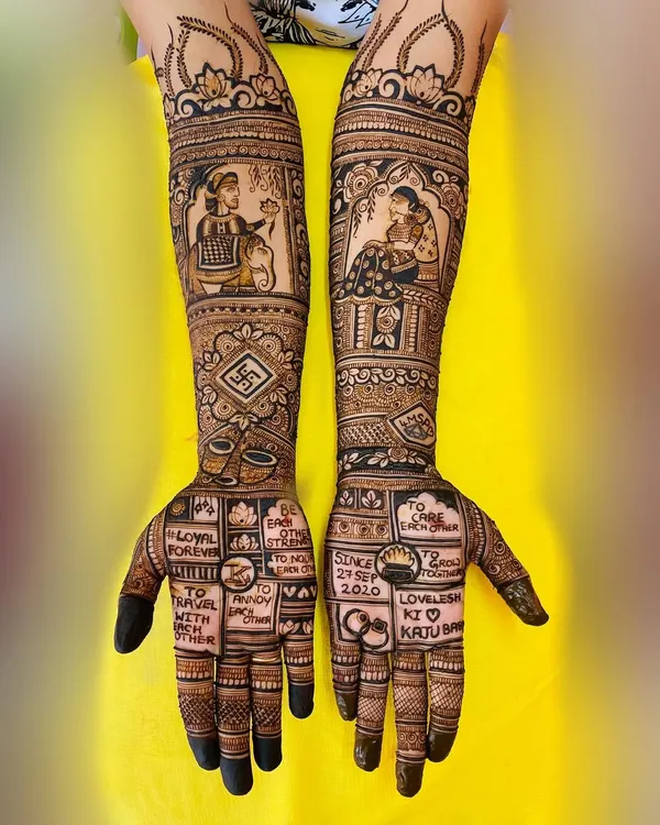 This Rajasthani-themed bridal mehendi tells a complete love story. I included the couple's special dates and messages in custom blocks, alongside detailed portraits of the bride and groom, to create a design that is deeply personal and unique to them.