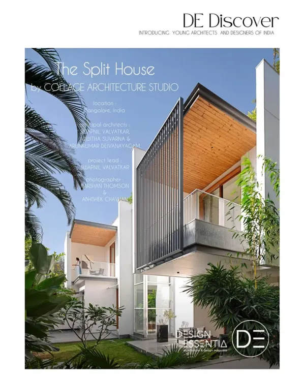 The exterior of the Split House, where the design is defined by a linear 'split' in the roof that houses a skylight. This feature was conceived to preserve a large existing tree on the site and bring natural light deep into the home. The facade combines clean white walls with warm wood ceilings and granite louvers for privacy.