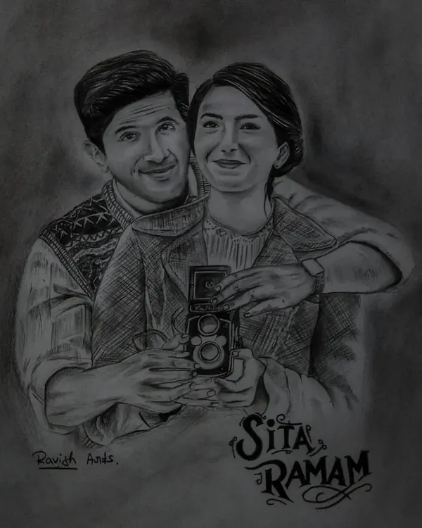 A pencil drawing tribute to the beautiful love story of Sita Ramam. This piece captures the classic romance and is an example of a custom couple's portrait I can create for you.