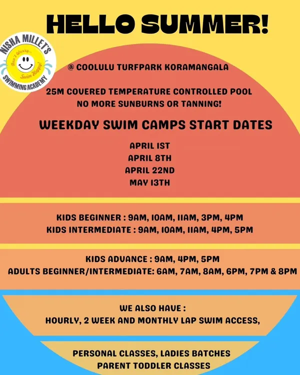 Our summer camp schedule for our Koramangala pool is live. We have multiple start dates and timing options for kids and adults at beginner, intermediate, and advanced levels, plus ladies batches, lap swim access, and more.