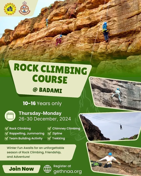 Our official poster for the Rock Climbing Course at Badami. It details the activities covered, including rock climbing, rappelling, ziplining, and trekking, for an unforgettable winter adventure.