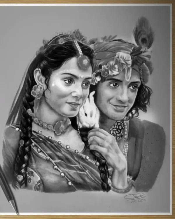 A classic portrait of Radha and Krishna, showcasing my ability to draw two interacting figures with emotion and detail.