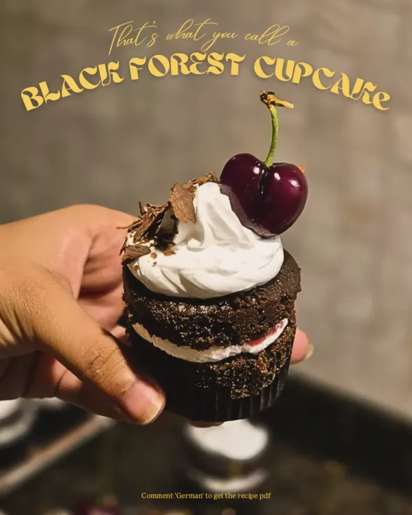 This is what you call a real Black Forest cupcake. A moist chocolate base, a layer of tangy cherry filling, special cream, chocolate shavings, and a fresh cherry on top.