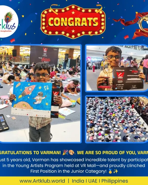 The moment of victory is always special. Here is 5-year-old Varman, beaming with pride after winning First Position in the Junior Category at a live art event. His success is a testament to his hard work and creative spirit.