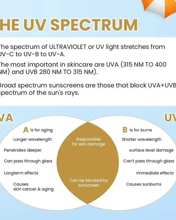 To choose the right sunscreen, you first need to understand what you're protecting against. This graphic explains the difference between UVA rays, which cause aging, and UVB rays, which cause burns. A broad-spectrum sunscreen is essential because it blocks both.