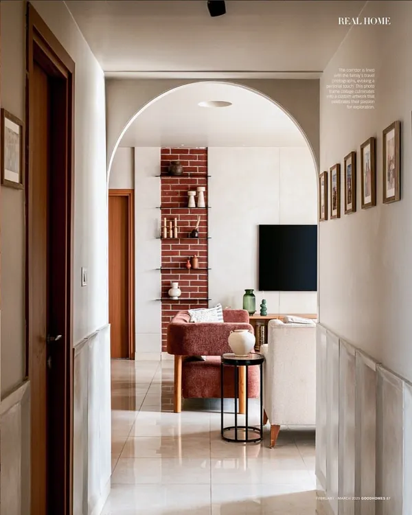 I was so excited to have my 'Mridang' project featured in the print issue of Good Homes Magazine. This shot from the feature shows the view from the corridor into the living room, highlighting the arched entryway and brick details.