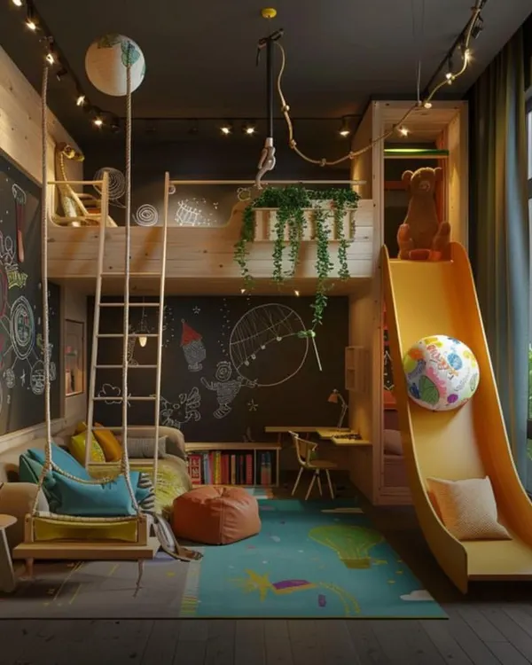 This is the ultimate playground bedroom. I designed this custom loft bed with a slide, a chalkboard wall for creativity, a cozy swing, and plenty of shelving, turning this room into a space for endless adventure and fun.