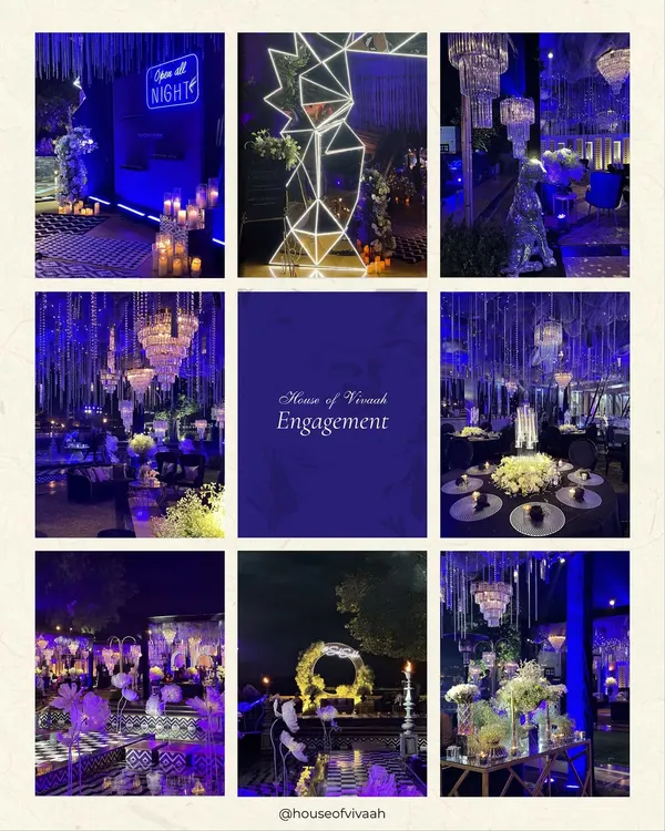 A collage showcasing the variety of events designed for a single wedding at The Leela Palace Udaipur. This grid highlights the distinct moods created for the Engagement, Haldi, Mehendi, Sufi Night, Wedding, and Reception.