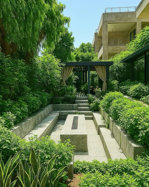 This sunken lounge area, nestled within a lush Jaipur garden, is the perfect example of how I integrate hardscaping with dense, layered greenery. The design creates a private, tranquil retreat for relaxation and conversation, blending stone, water elements, and a rich variety of plants.