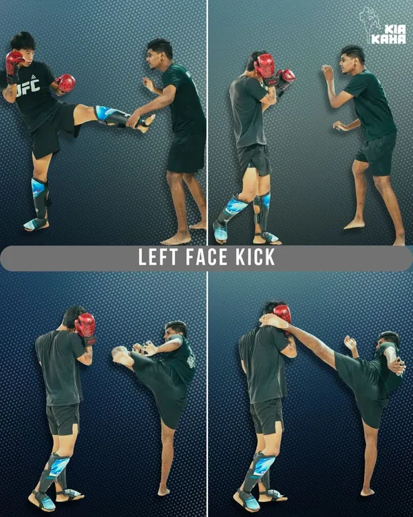 Master the art of eight limbs. This graphic breaks down the left face kick, a powerful Muay Thai technique, showing the setup, chamber, execution, and return.