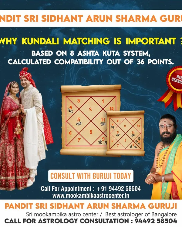 Kundali matching is a critical step before marriage, based on the ancient Ashta Kuta system that calculates a compatibility score out of 36 points. A proper match analysis ensures that the couple's energies are aligned for a happy and prosperous life together.
