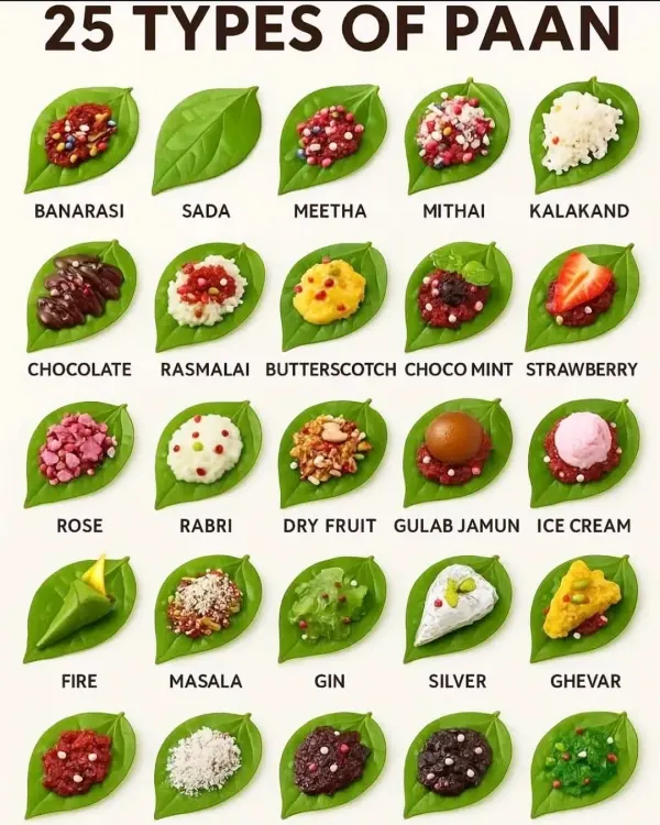 Endless Paan Options: Our paan menu shows the incredible variety we offer. With 25 different types, including Chocolate, Butterscotch, and Gulab Jamun, there's a paan for every guest.