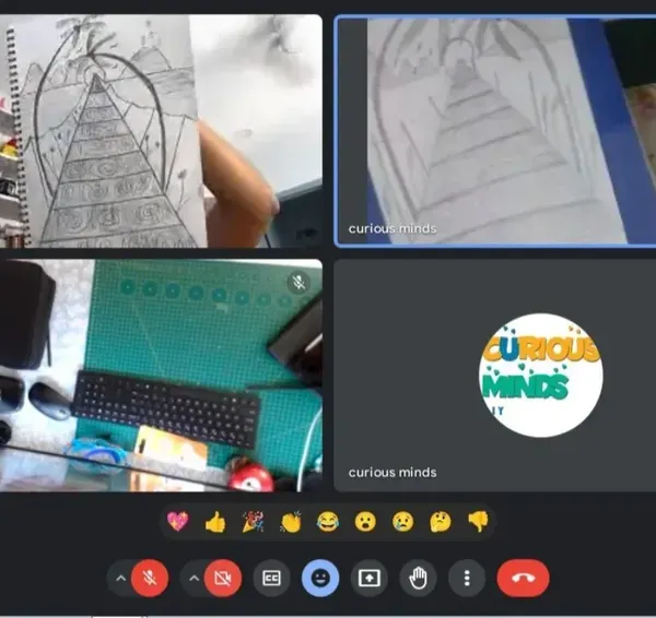 A screenshot from an online class where a student is showing their pyramid drawing. My virtual classes are just as hands-on and interactive.
