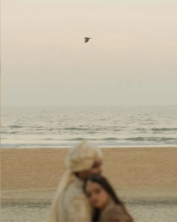 A dreamy, artistic shot of a couple on a Goa beach at dusk. The soft focus, the lone bird, and the hazy light create a poetic and infinitely romantic image, capturing the essence of a destination wedding.