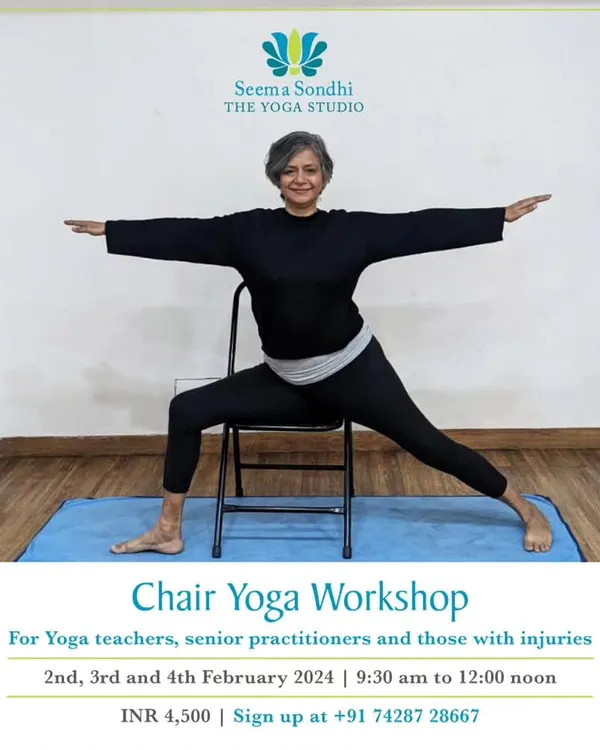My Chair Yoga Workshop is for teachers, seniors, and anyone with injuries. This poster shows me in a supported Warrior II, demonstrating how a chair can make classic poses accessible.