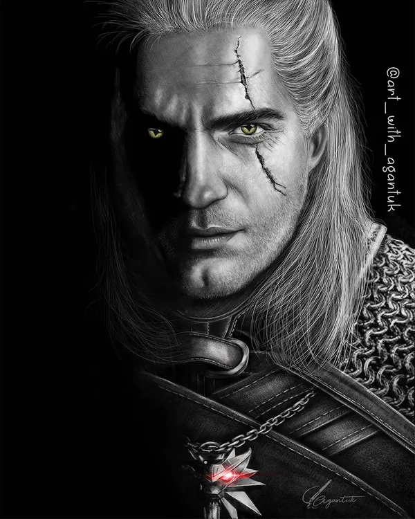 Here is my final artwork of Geralt of Rivia from The Witcher, played by Henry Cavill. I spent about 30 hours on this piece, focusing on the textures of his armor, the scar, and his intense, mutated eyes to create a realistic digital drawing.
