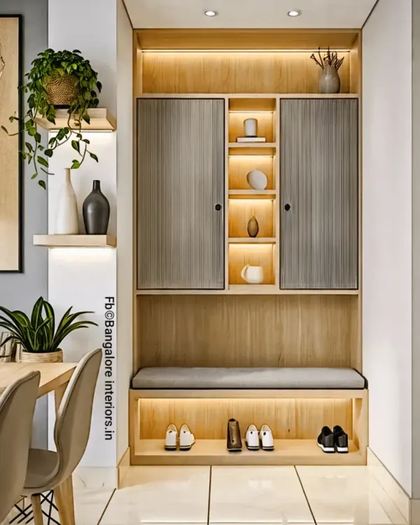 A perfect entryway solution, this unit combines a comfortable seating bench with shoe storage underneath. It also includes closed cabinets and open, backlit shelving for display, creating a warm and welcoming first impression.