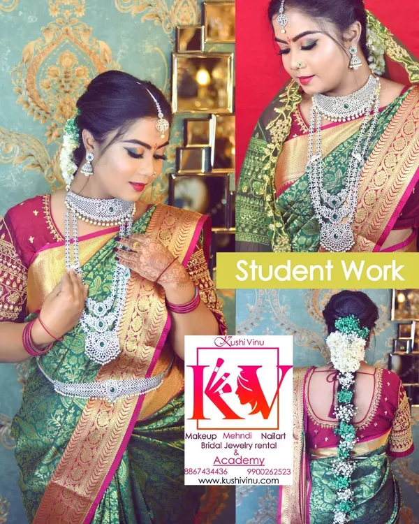 I am so proud to show off my students' work. This complete bridal look, including makeup, hair, and saree draping, was done by a student from a recent batch. They did a fantastic job creating a perfect, natural HD look.