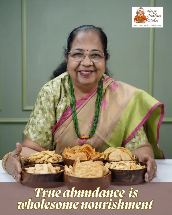 This is our Dadisaa, Usha, with the snacks she loves to make. For us, true abundance isn't just about having a lot, it's about having food that is wholesome, nourishing, and made with love. This is the goodness we pack in every order.