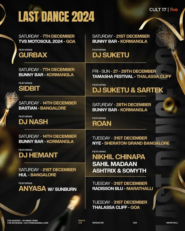 Our 'Last Dance 2024' calendar, showcasing a packed December schedule across Goa and Bangalore. This graphic communicates the sheer volume and variety of events we produce to close out the year.