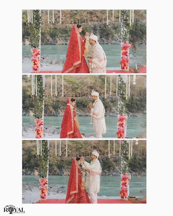A beautiful sequence of the Varmala ceremony, showing the couple exchanging garlands by the Ganga.