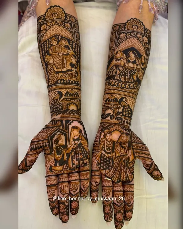 This is what I love to do, bring your story to life. This full bridal mehndi features a detailed varmala ceremony on one palm and a dancing couple portrait on the other, surrounded by traditional patterns that extend to the elbows.