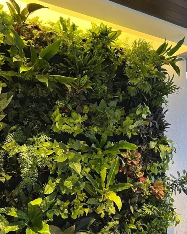 This lush, jungle-themed vertical garden brings a dramatic splash of nature indoors. We used a dense mix of ferns, pothos, and other foliage plants to create a rich, textured living wall, highlighted by warm overhead lighting.