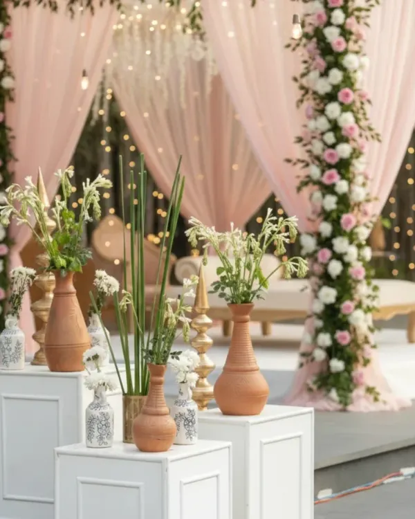 An elegant daytime event setup with a backdrop of pastel pink drapes and hanging lights. The decor is accented with pillars wrapped in pink and white roses, and terracotta vases with fresh greenery in the foreground.