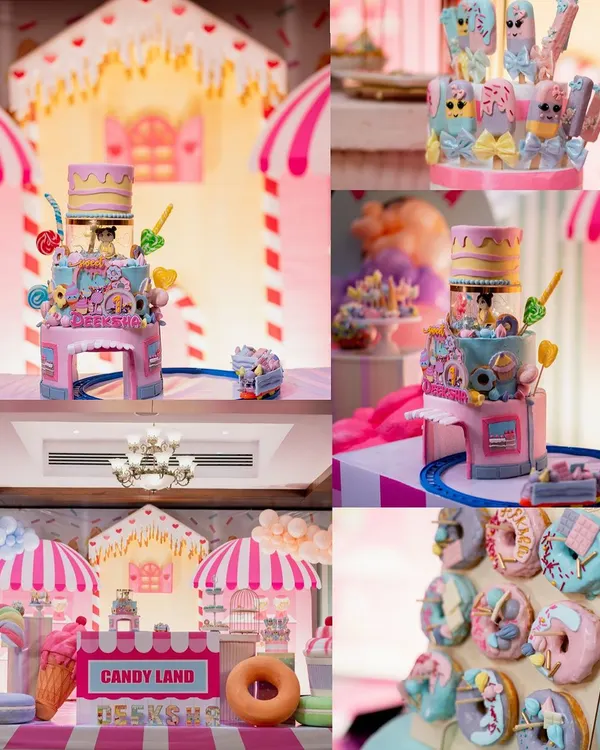 A collage showcasing a spectacular Candyland-themed party. It features a multi-tiered cake with a miniature train, a donut wall, and a dessert stall filled with treats.