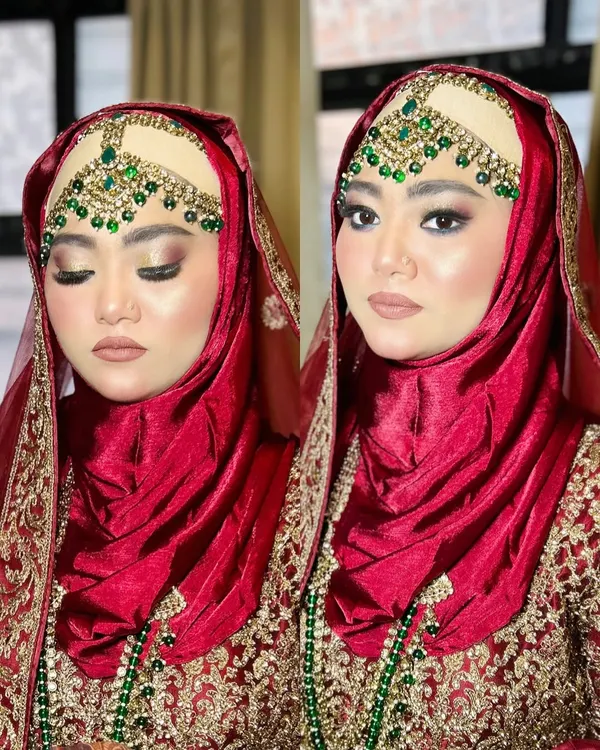 A beautiful before-and-after of my Hijabi bride. I created a soft glam look with a nude lip and shimmery eyeshadow that perfectly complemented her red and green bridal attire.