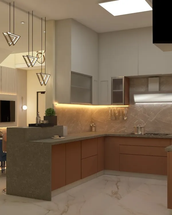 A 3D render of an open-plan kitchen and dining area. The design features modern handleless cabinets, a breakfast counter with a stone finish, and stylish pendant lighting, all contributing to a functional and elegant space.
