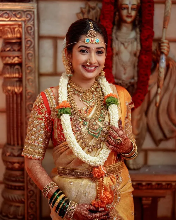 For me, a bridal outfit is the beginning of a beautiful story. Here is the radiant Sonal Monteiro on her special day, wearing a custom Kanjivaram saree and a heavily hand-embroidered blouse that we designed together to create her perfect muhurtham look.
