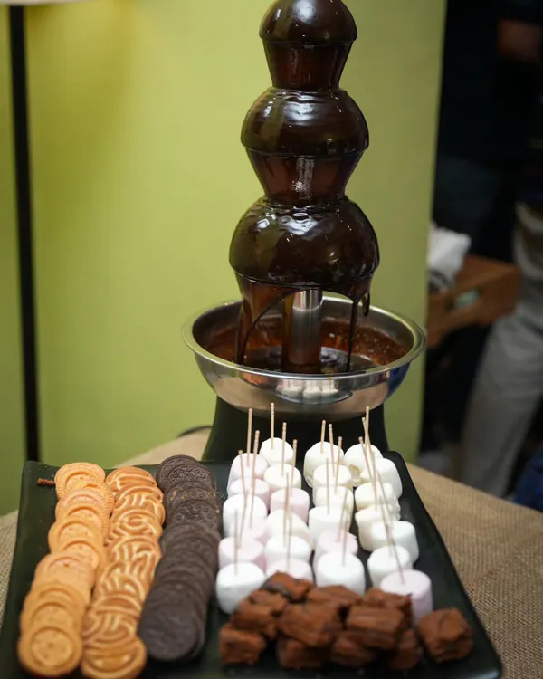 Our chocolate fountain is always a showstopper. I provide plenty of marshmallows, cookies, and brownies for dipping. It's a treat for kids and adults.