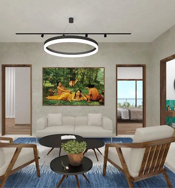 A concept for a contemporary family room, using a palette of natural wood, textured walls, and a bold blue rug. The design focuses on creating a comfortable and stylish gathering space with modern lighting and clean furniture.