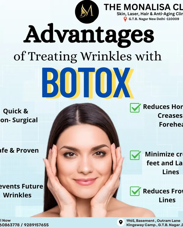 This graphic outlines the key advantages of treating wrinkles with Botox. It highlights that the procedure is quick, non-surgical, safe, and effective at reducing forehead creases, crow's feet, and frown lines while also helping prevent future wrinkles.