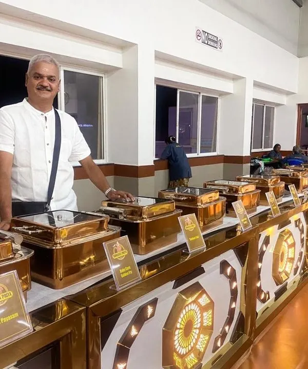Here is a look at our full buffet setup for a large wedding reception. We use elegant copper-lidded chafing dishes to keep every dish warm and presentable, ensuring a seamless dining experience for hundreds of guests. I personally oversee the arrangement to make sure it reflects the grandeur of your special day.