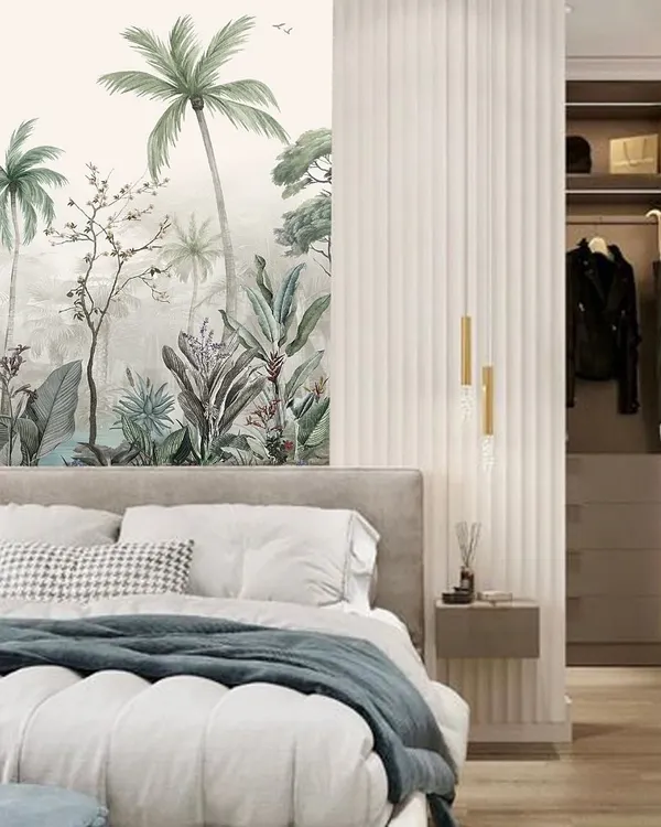 A stunning bedroom where my custom tropical wallpaper creates a serene and immersive environment. The detailed, panoramic mural of palm trees and foliage turns the entire wall into a breathtaking focal point.