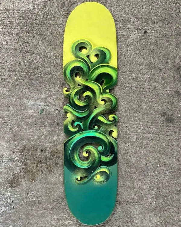 This is what I call 'DKRYPT DA BOARD'. I take old skate decks and give them a new life with my Masala Style, carving and painting 3D Hindi letters. Each one is a unique, hand-made piece of art.