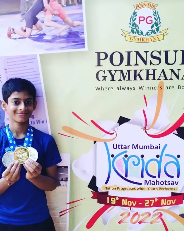 My little champion Devaj Parekh with his medals from the Poinsur Gymkhana Athletics Meet. He won gold and three silvers, earning the Individual Championship trophy.