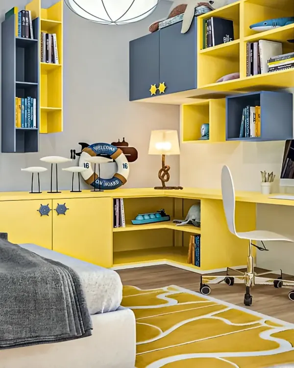 This nautical-themed kids' room is ready for adventure, with bright yellow and blue custom cabinetry. The L-shaped desk provides ample space for study, while details like the lifebuoy and ship-wheel knobs complete the fun look.