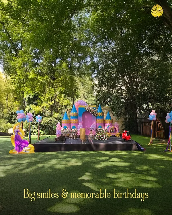 We create fairytale birthdays for your little ones. This Rapunzel-themed castle setup on our lawn turned a birthday party into a magical kingdom for a day.